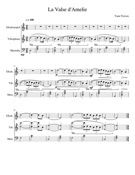 Download and print comptine d'un autre ete (from amelie) sheet music for piano solo by yann tiersen (version 2). La Valse d'Amelie Sheet music for Percussion | Download ...