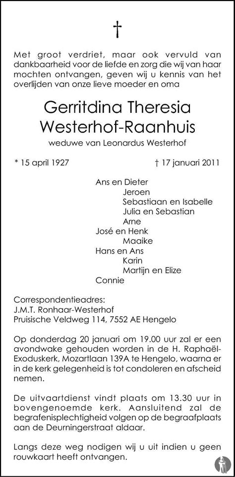 Gerritdina Theresia Westerhof Raanhuis 17 01 2011 Overlijdensbericht