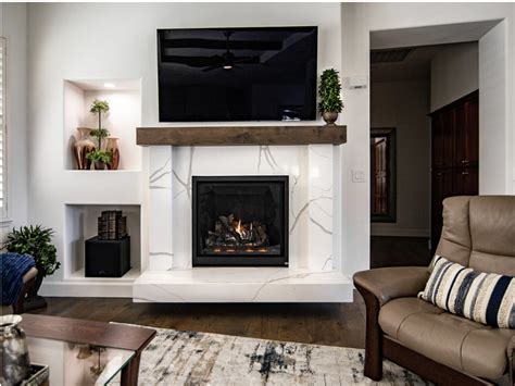 Modern Fireplace With Floating Hearth Wooden Mantle And Calacatta