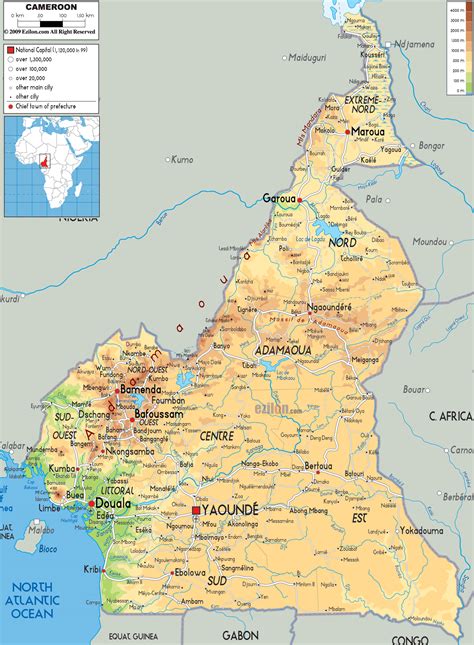 Grande Mapa Físico De Camerún Con Carreteras Ciudades Y Aeropuertos