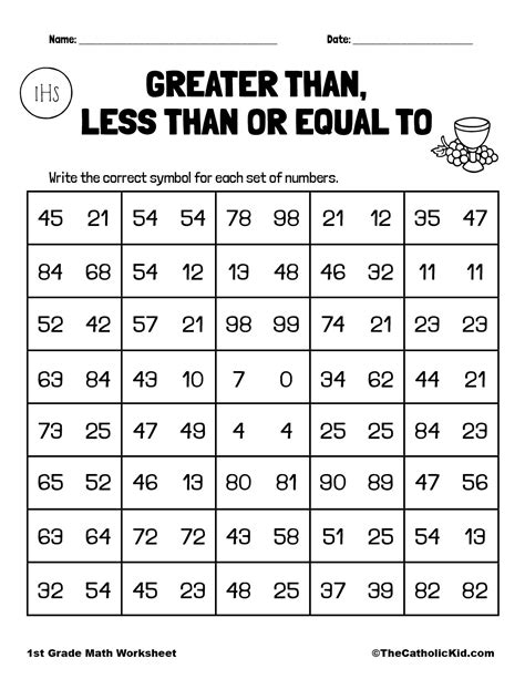 Greater Than Less Than Or Equal To 1st Grade Math Worksheet Catholic