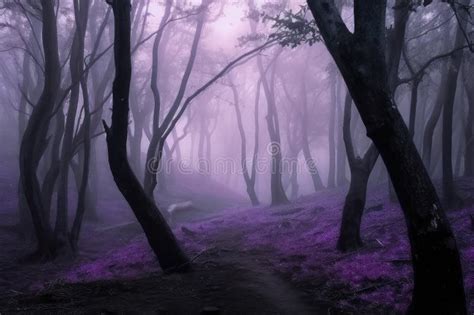 Dark Purple Forest With Fog Mysterious And Magical Scene Stock