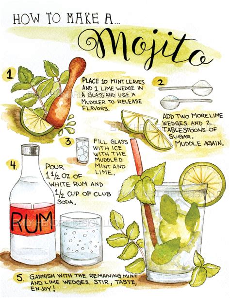 Cómo Hacer Un Mojito Ilustración Arte Print Arte De Receta Etsy