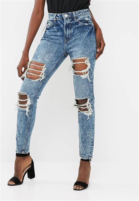 Riot High Waisted Open Rip Mom Jean Blue Missguided Jeans
