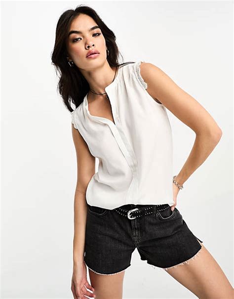 Only V Neck Sleeveless Blouse With Crochet Trim In White Asos