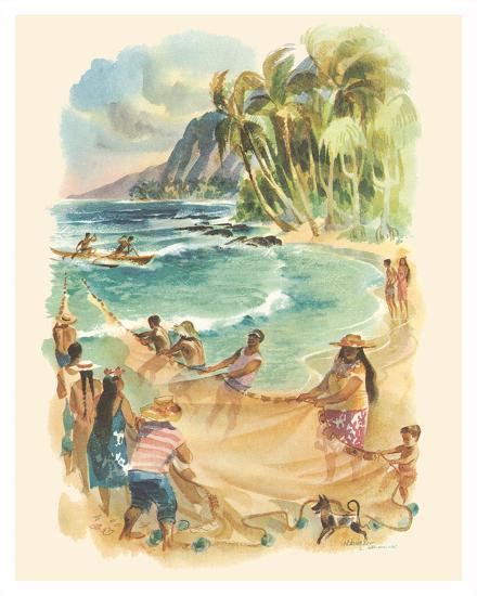 Hawaii Ancient Hawaiian Hukilau Fishing Matson Menu Cover Giclee