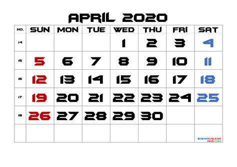 April 2020 Printable Calendar With Week Numbers Free Premium