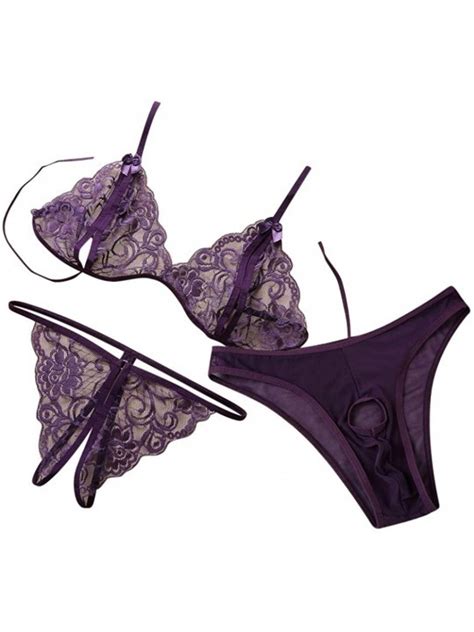Couples Underwear 3 Piece Set Women Lace Bra Open Thong And Men Hollow Out Briefs Purple
