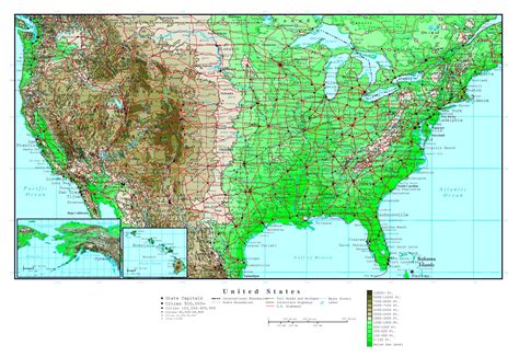 States selected their capitals for a variety of reasons, including the presence of a large population; Large detailed elevation map of the USA with roads and major cities | USA | Maps of the USA ...