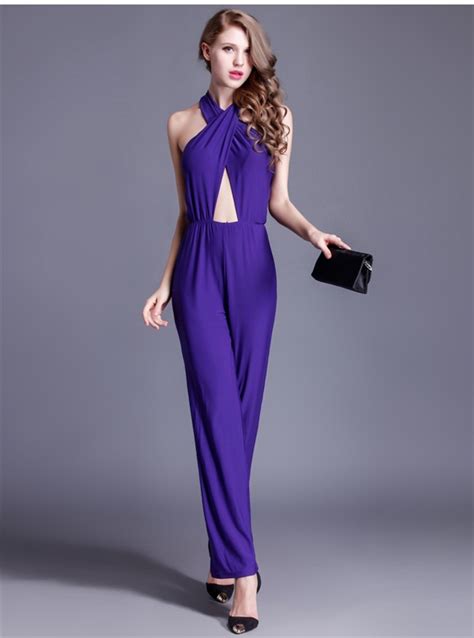 Sexy Halter Cut Out Purple Jersey Formal Occasion Evening Jumpsuit