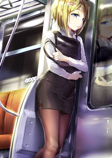 Short Hair Blonde Blue Eyes Anime Anime Girls Business Suit Stockings Skirt Metro