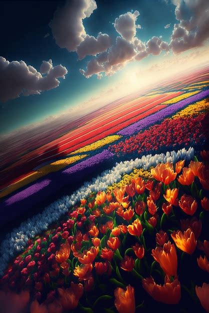 Premium Ai Image Field Full Of Colorful Tulips Under A Cloudy Sky