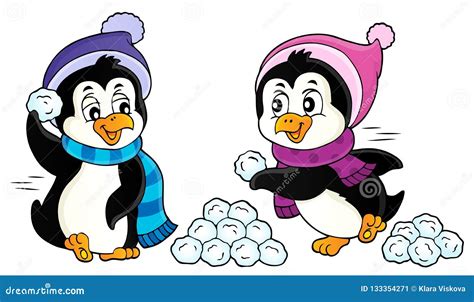 Penguins Playing With Snow Image 1 Stock Vector Illustration Of