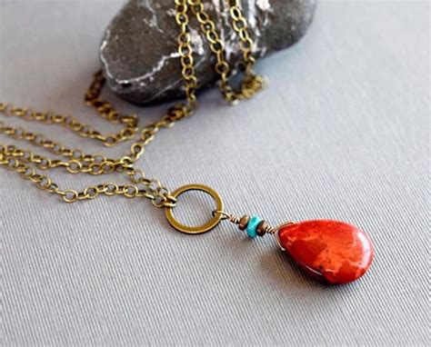 Teardrop Red Coral Necklace Bohemian Coral Turquoise Etsy Red