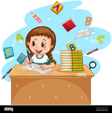 A Girl Doing Homework With Books On White Background Illustration Stock Vector Image And Art Alamy