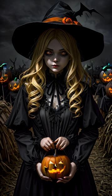 premium ai image halloween dark night wallpaper with evil pumpkin light effect blonde girl