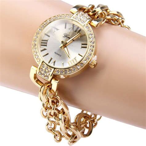 Geneva Ladies Quartz Chain Watch Diamond Stainless Steel Band Round Dial Golden Sammydress