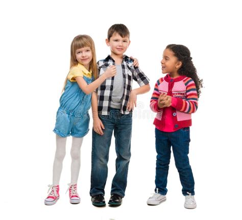 Three Smiling Little Children Standing Together Stock Image Image Of