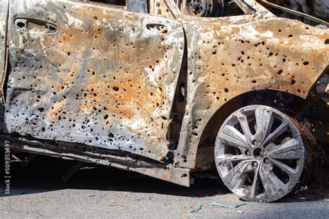 Burnt Car Body Riddled With Bullets Russias War Against Ukraine Shot