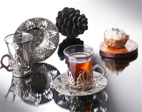 Silver Color Ahu Turkish Tea Cups Set For Six Person Arabic Etsy