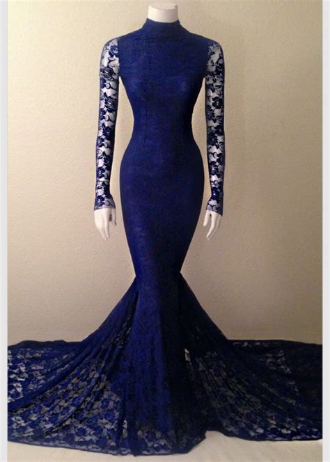 2016 Newest Long Sleeves Royal Blue Prom Dressessexy Mermaid Lace