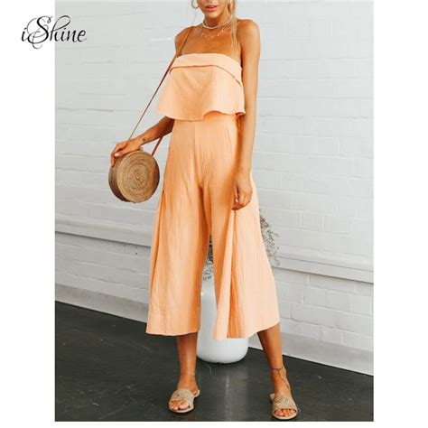 Sexy Strapless Solid Women Jumpsuit Loose Ruffle Boho Jumpsuit Romper