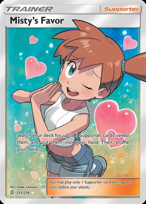 Custom pokemon cards created and designed by yours truly using reverse foils, holographic vinyl and transparency printing technology. Misty's Favour 235/236 SM Unified Minds Holo Full Art ...