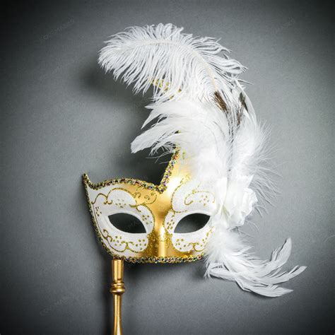 Venetian Feather Masquerade Mask With Stick Gold White