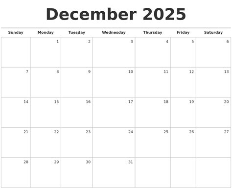 December 2025 Blank Monthly Calendar