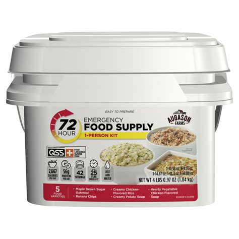 Comes packed with a 72 hour supply of premium. Augason Farms 72-Hour 1-Person Emergency Food Pail ...