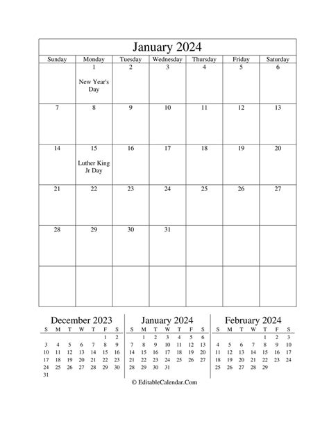 Download January 2024 Editable Calendar Portrait Word Version