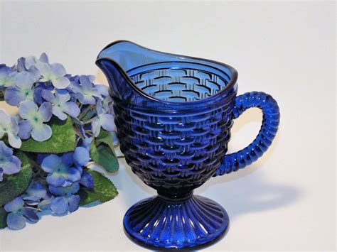 Imperial Glass Cobalt Blue Basketweave Footed Creamer Pitcher Etsy
