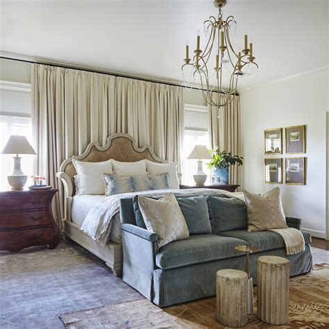 Cozy Bedroom With Velvet Sofa Antique Oushak Rug And Upholstered
