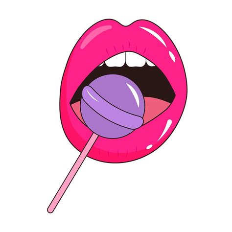 Sexy Glossy Half Opened Mouth With Lollipop In Pop Art Style Female Lips Licking Sweet Lollipop