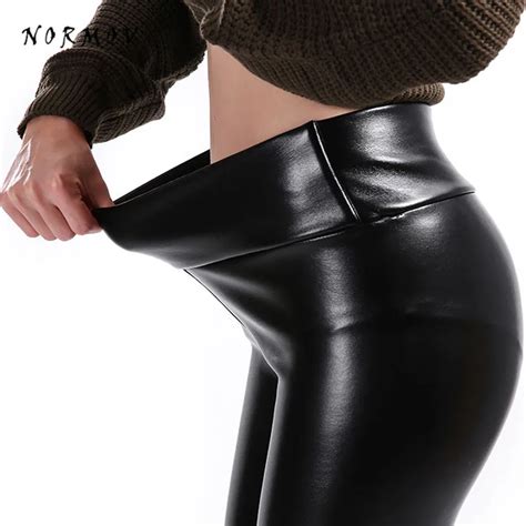 NORMOV Women Leather Leggings Winter Sexy High Waist Skinny Plus Velvet Warm Black Leggings