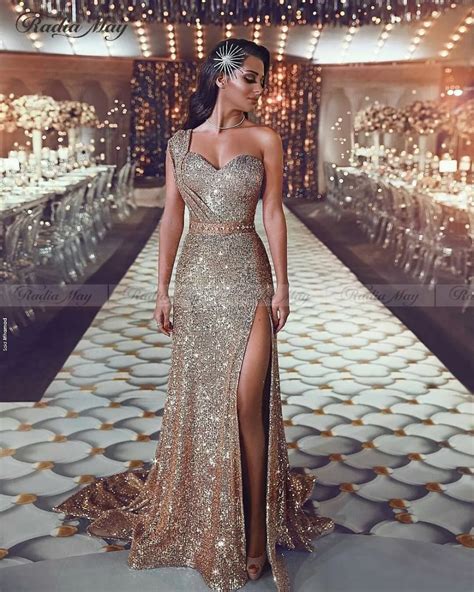 sparkly glitter sequin evening dress long 2020 mermaid rose gold dubai saudi arabic formal dress