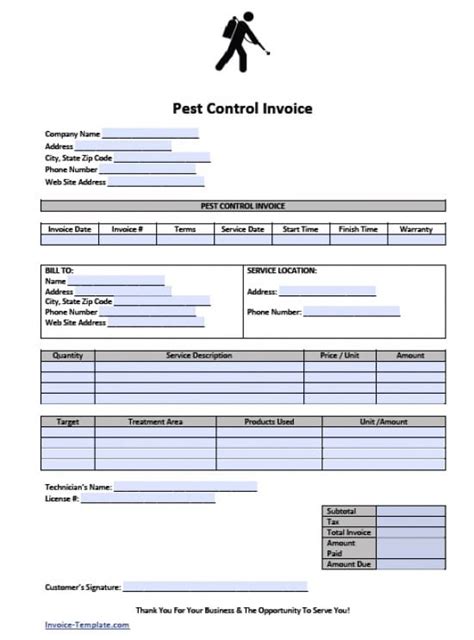 pest control invoice template excel  word