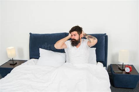 Lazy Morning Man Bearded Hipster Sleepy In Bed Early Morning Hours