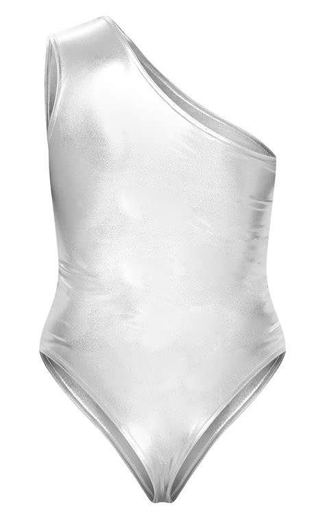 Silver Metallic One Shoulder Bodysuit Tops Prettylittlething