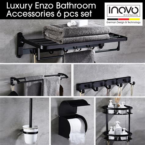 Shower caddies, soap dispensers, tooth brush holders, toilet brush holders, shower hooks, waste bins and much more. INOVO Enzo Bathroom Accessories in Black 6 pcs set - inovo