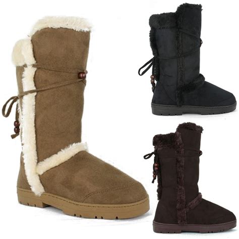 New Womens Ladies Fur Lined Winter Boots Flat Warm Thick Rubber Sole