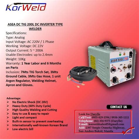 Tig Welding Machine Dc Inverter Type Asea Tig200l Manual Manila