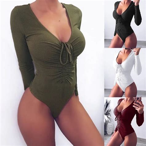 Sexy Deep V Neck Bodysuits Jumpsuit Romper Bodycon Bandage Playsuit Women Slim Cotton Knitted