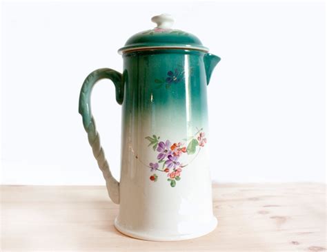 Very Pretty Emerald Green And White Gien Porcelain Coffee Pot