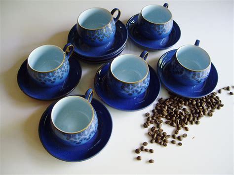 Vintage Denby Coffee Cups And Saucers Blue Stoneware Set Of 6