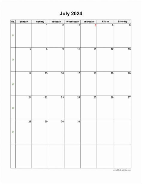 Download July 2024 Blank Calendar Vertical