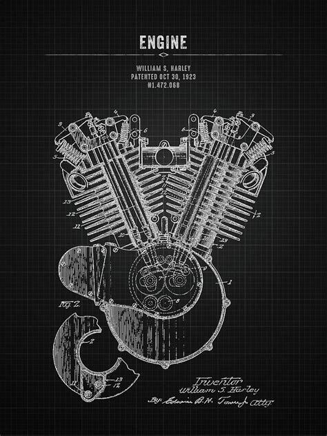 1923 Harley Davidson Engine Black Blueprint Digital Art By Aged Pixel