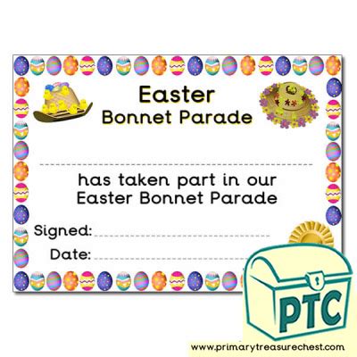 Easter Bonnet Parade Themed Certificate Primary Treasure Chest