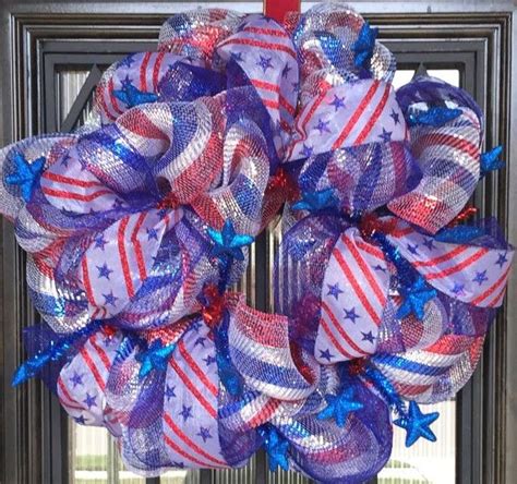 Red Silver And Blue Deco Mesh With Star Spangled Ribbon And Blue