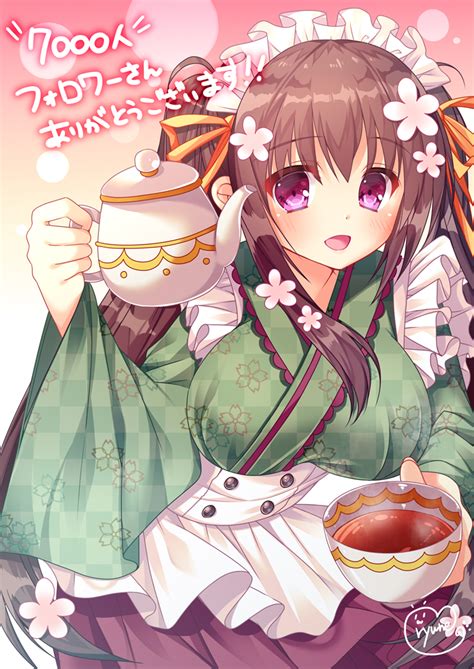 safebooru 1girl d apron brown hair commentary request cup fujikura ryuune holding leaning